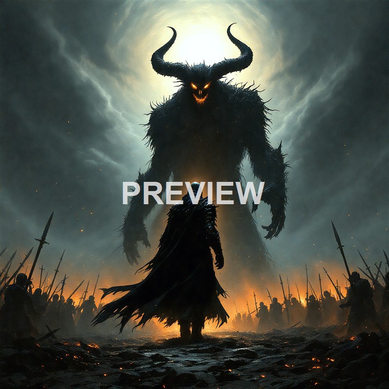 A dark, menacing figure with glowing eyes and large, curved horns confronts a smaller figure amidst a battlefield with soldiers and swords, all set against a stormy sky illuminated by a bright moon.